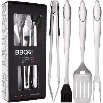 BBQ Grilling Tools Set. Extra Thick Stainless Steel Spatula, Fork, Basting Brush & Tongs.